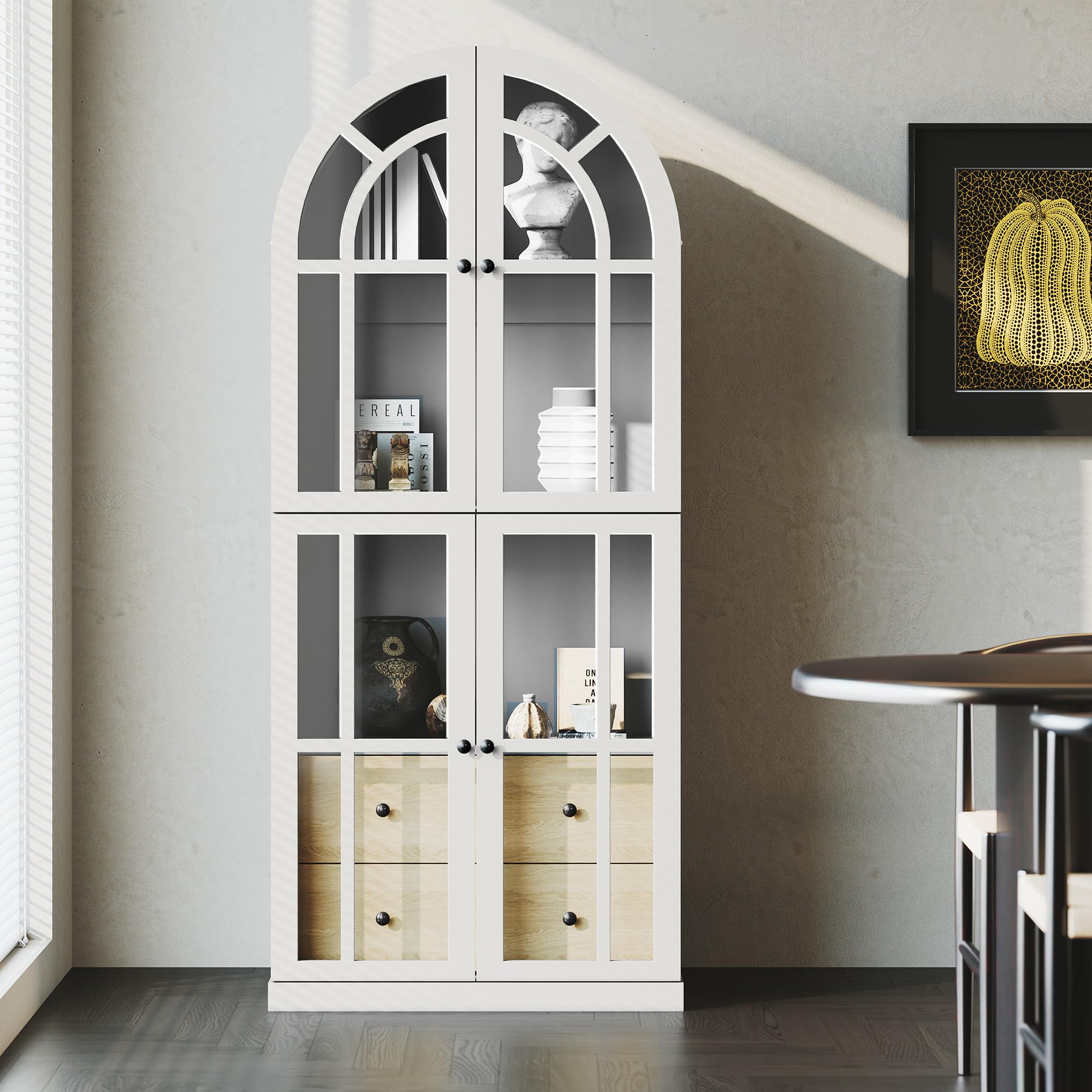 Arched Cabinet with Glass Doors and Drawers