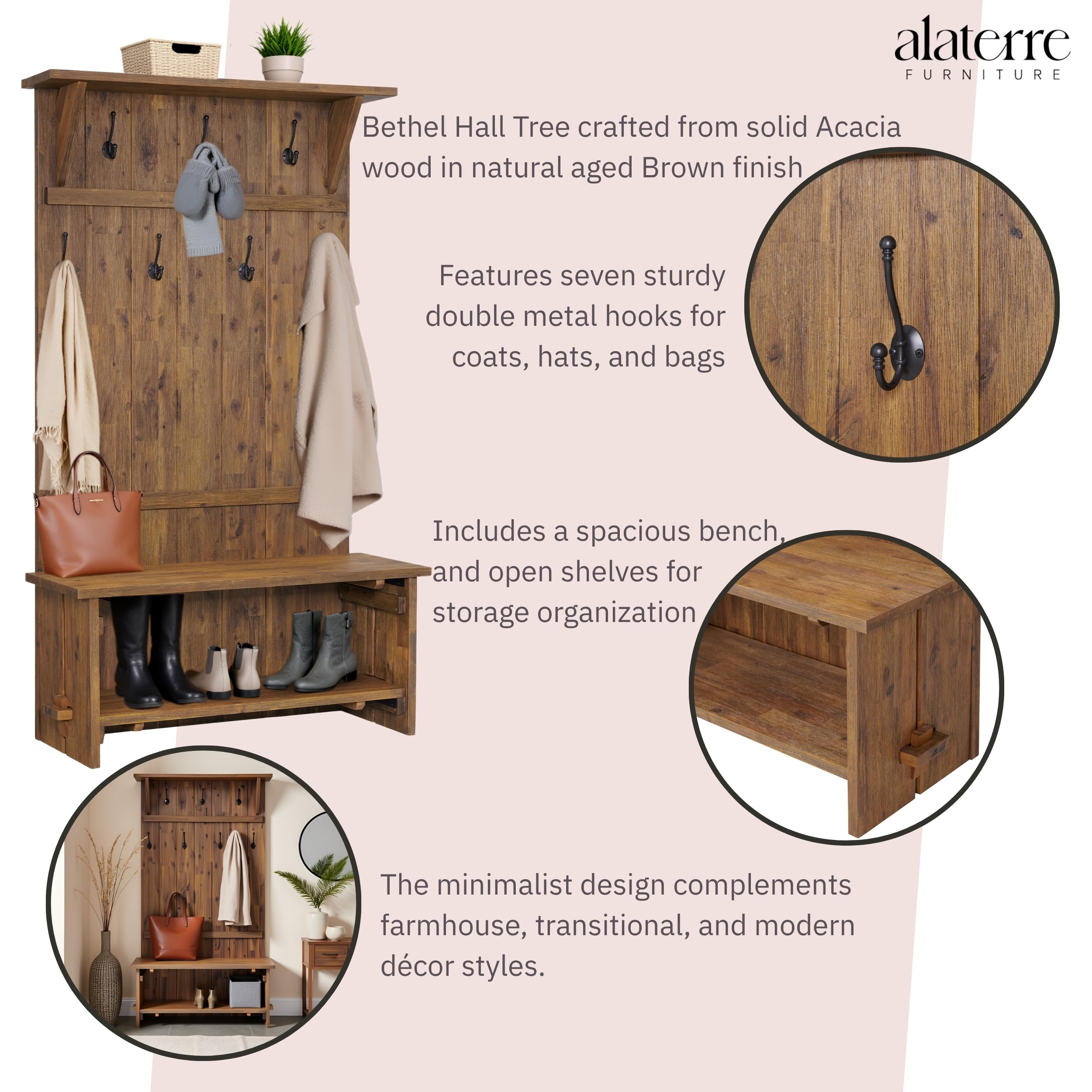 70" Acacia Wood Hall Tree with Bench & Storage