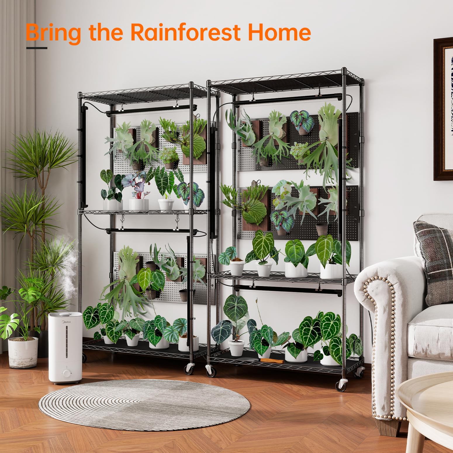 3-Tier Plant Shelf with Grow Lights and Pegboard
