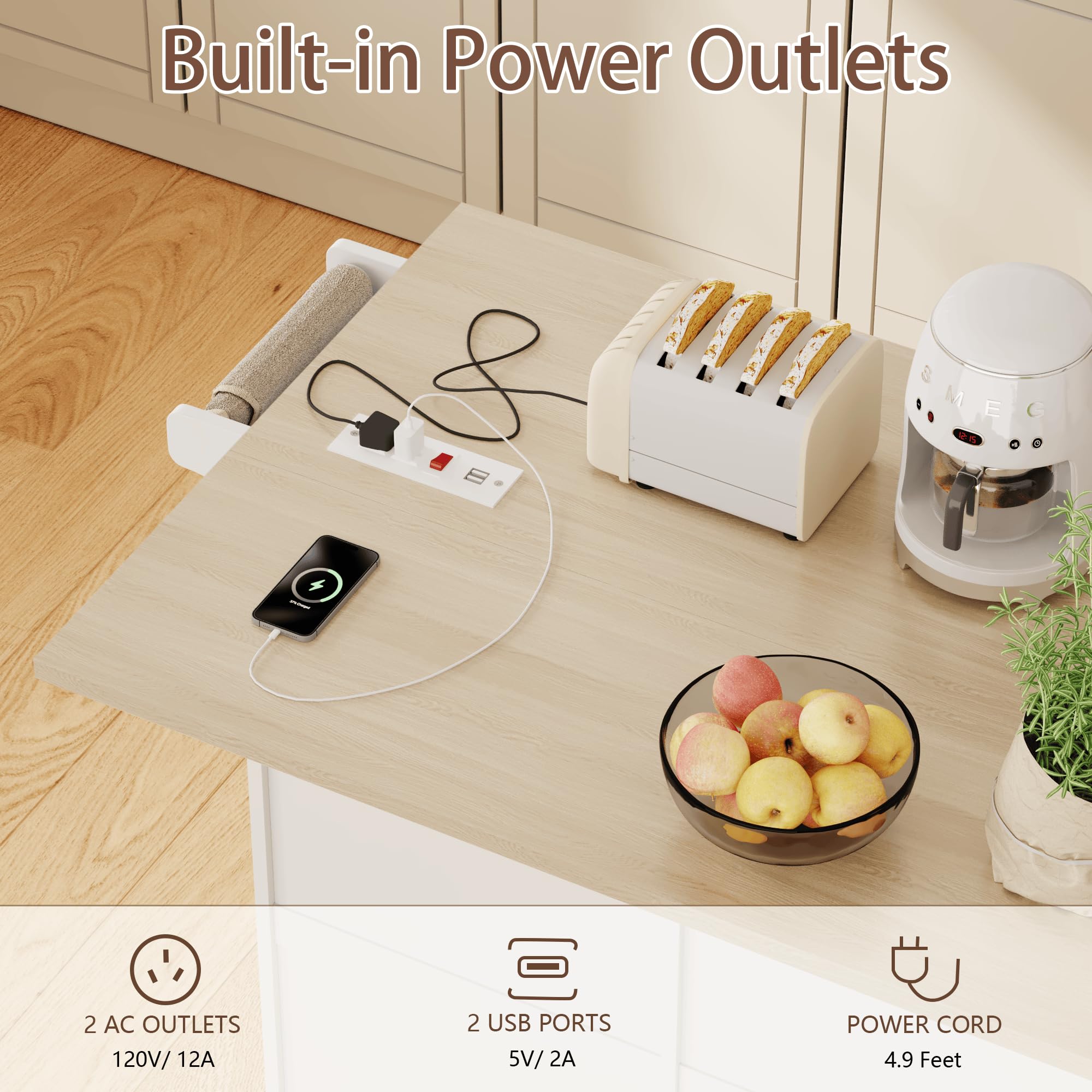 Rolling Kitchen Island with Trash Can Storage and Power Outlets