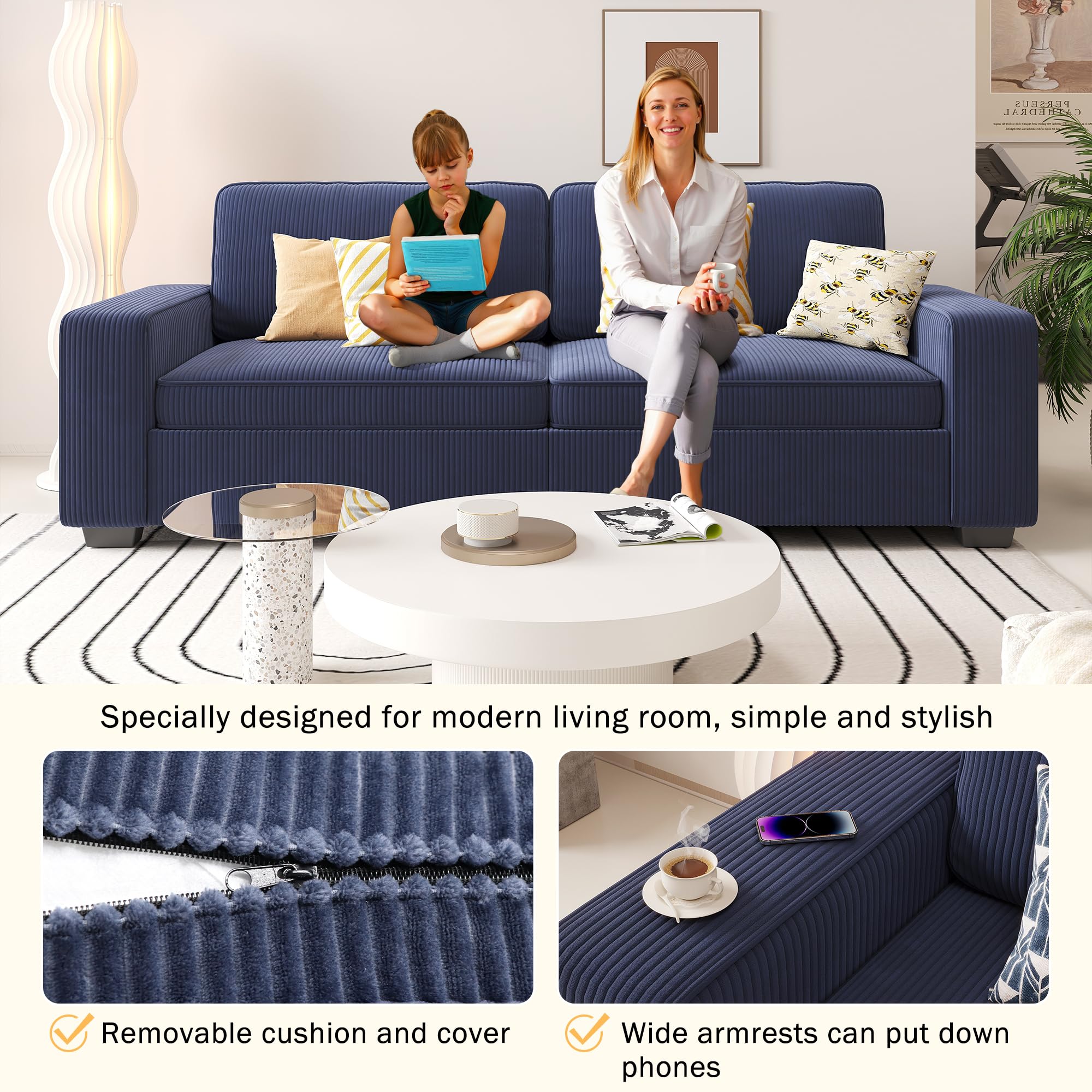 86" Blue Corduroy Sofa with Deep Seats