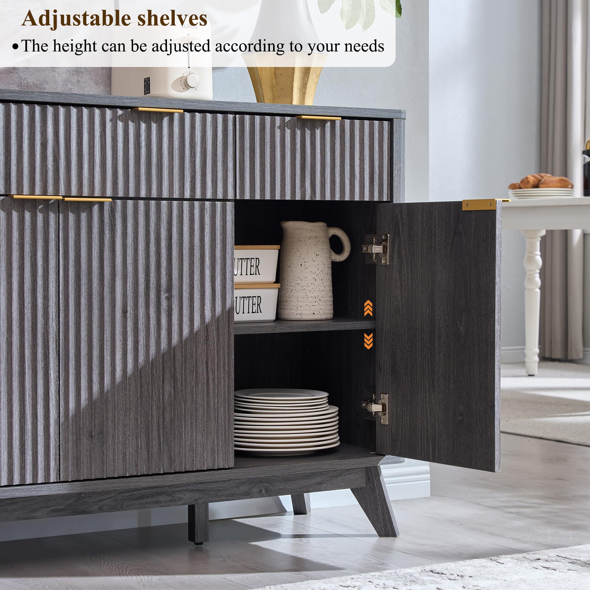 60" Fluted Buffet Sideboard Cabinet with 3 Drawers and 4 Doors