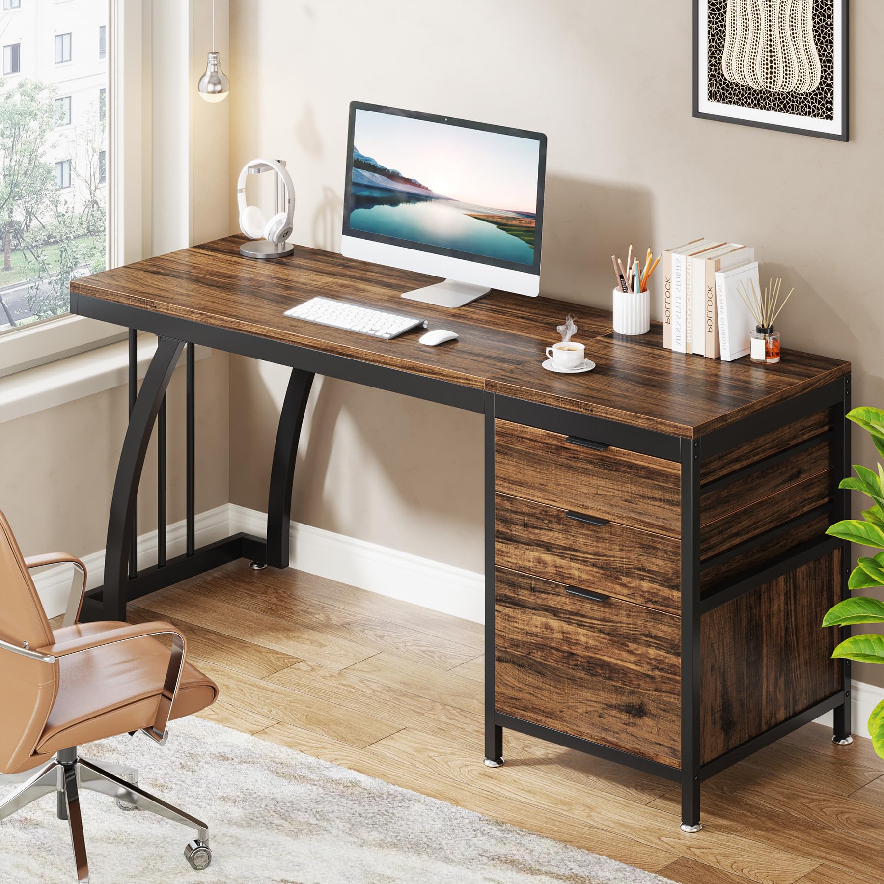 Computer Desk with 3 Drawers 59-Inch Industrial Writing Table