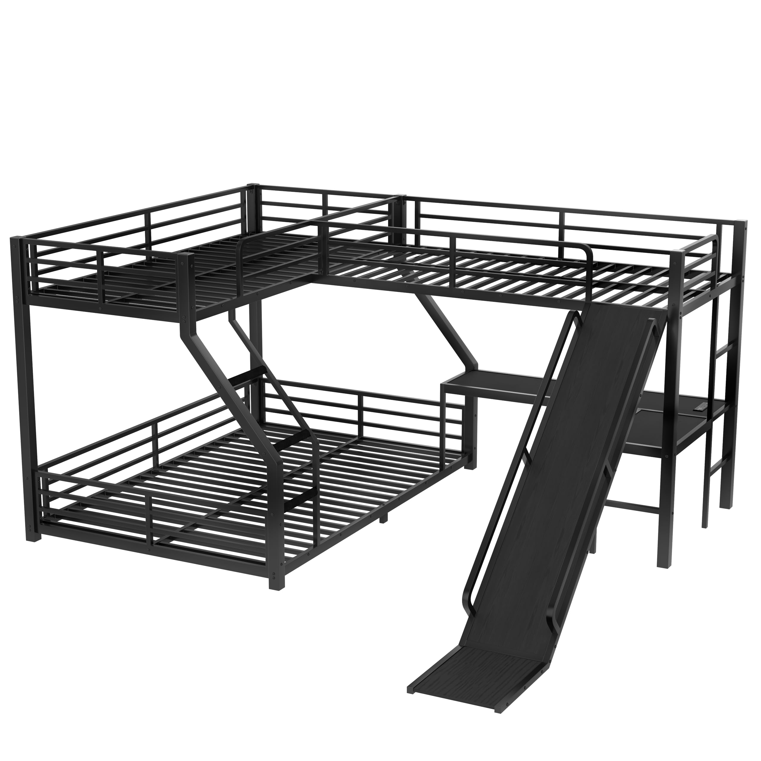 L-Shape Triple Bunk Bed with Slide and Desk - Twin XL Over Queen Metal Frame
