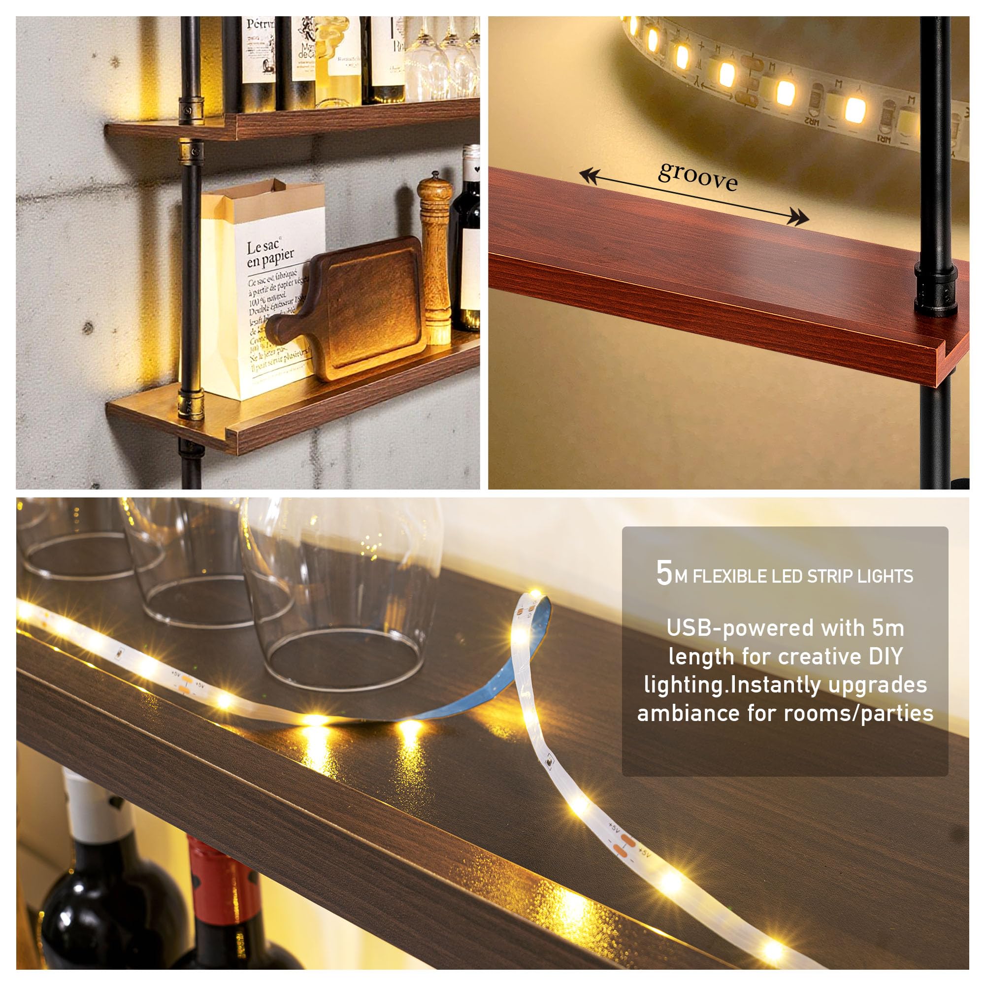 39" Wall Mounted Wine Rack with LED Lights - 3 Tier Industrial Pipe Floating Shelves