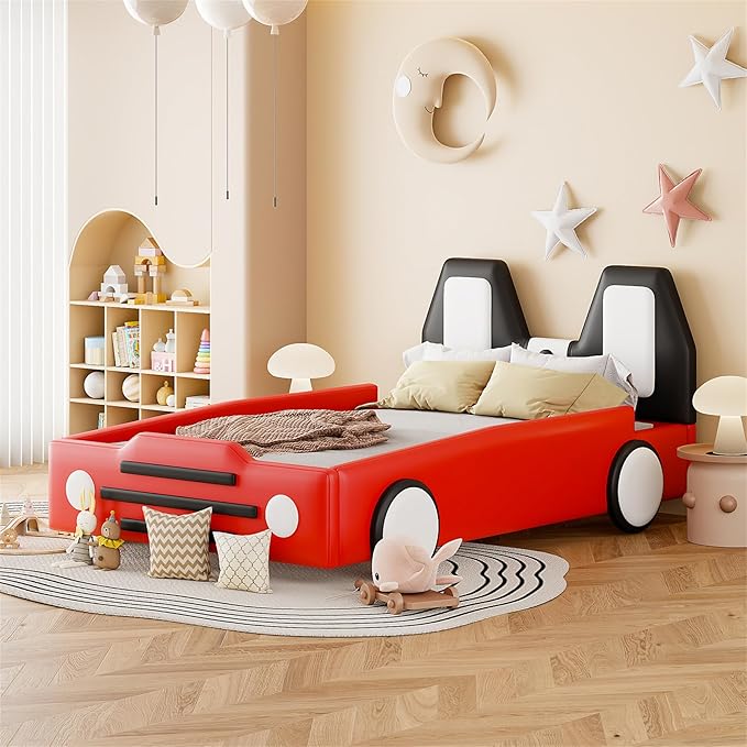 Race Car Twin Bed Frame with PU Leather Headboard