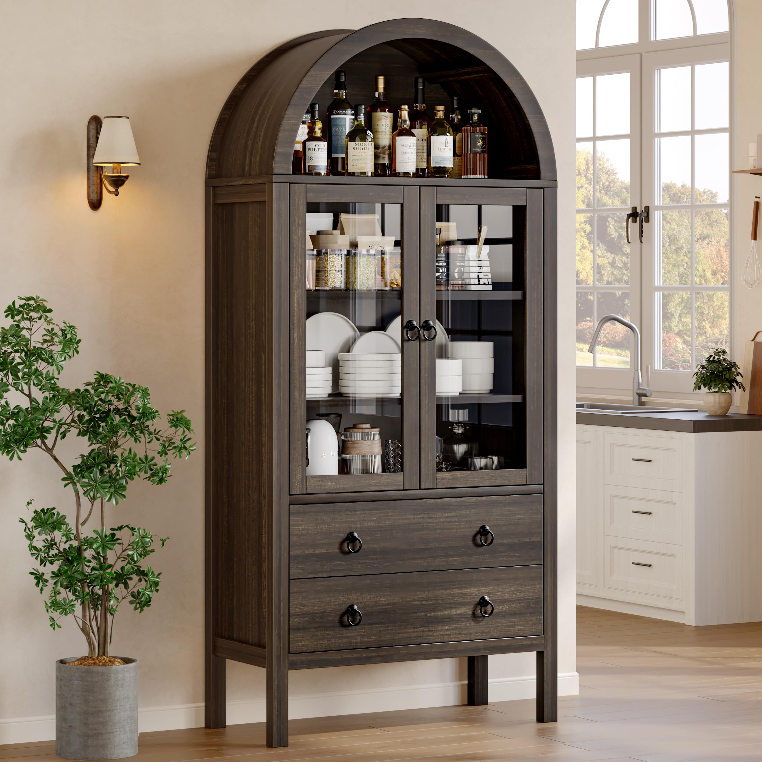 Arched Storage Cabinet with Glass Doors