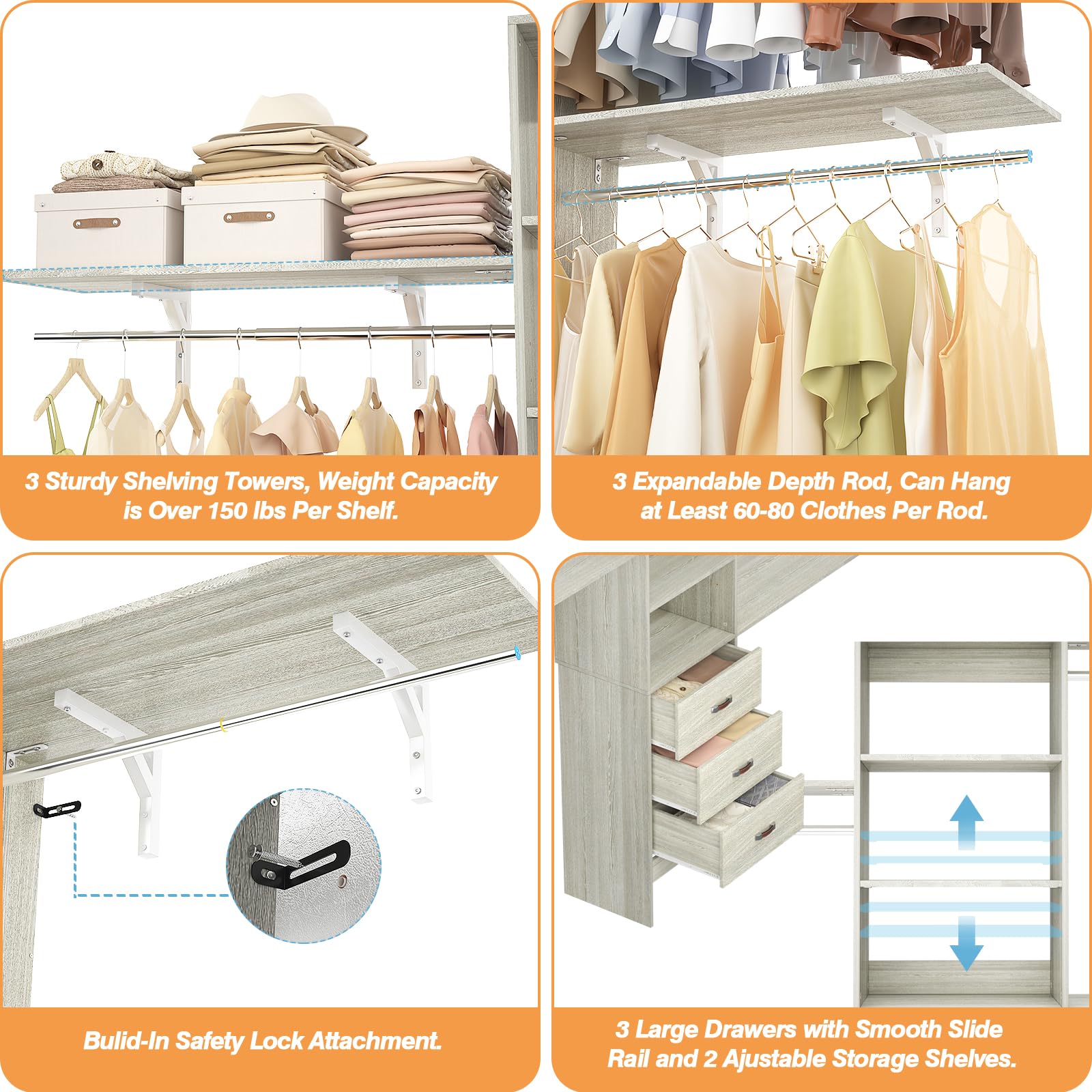 96 Inch Walk-In Closet Organizer System with 3 Shelving Towers and Drawers