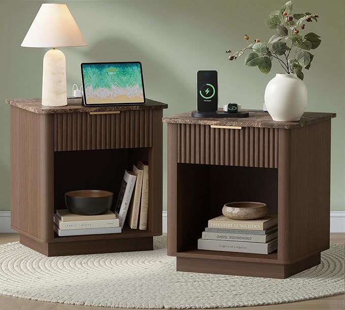 Fluted Nightstand Set of 2 with Charging Station