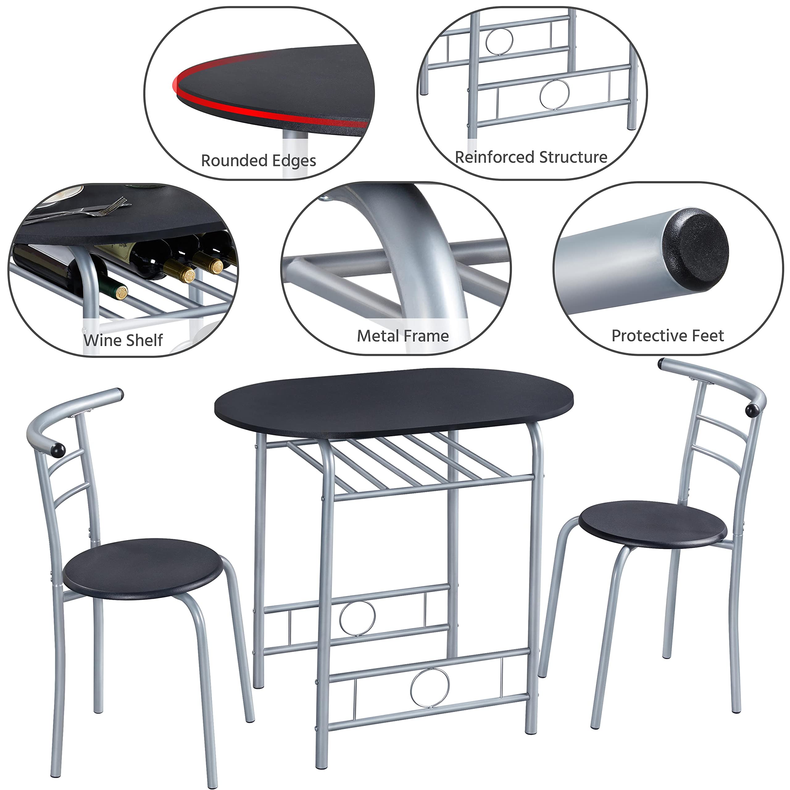 3 Piece Kitchen Dining Table Set with Storage Shelf