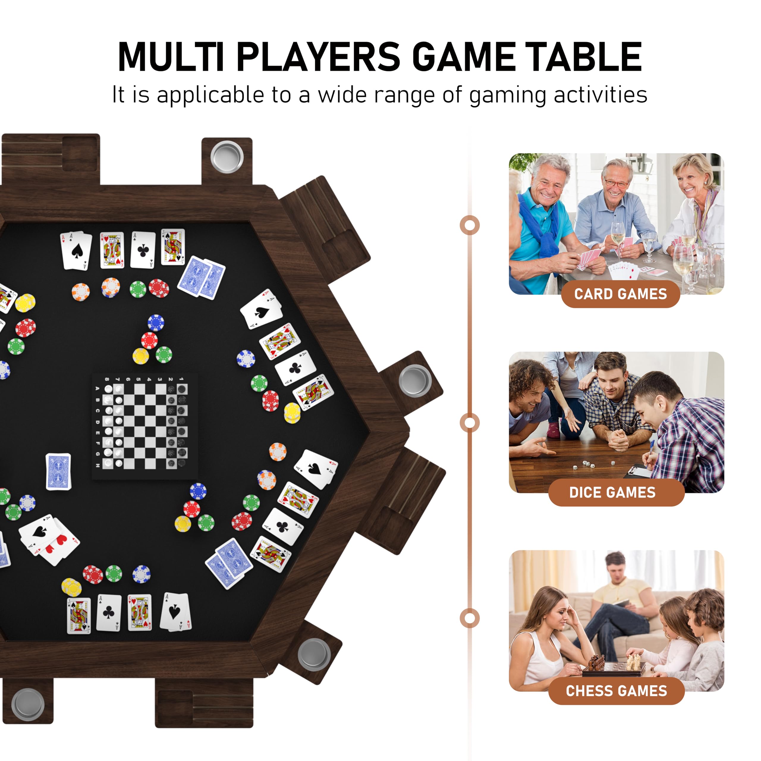 Hexagonal Solid Wood Board Game Table with Removable Top for 6 Players