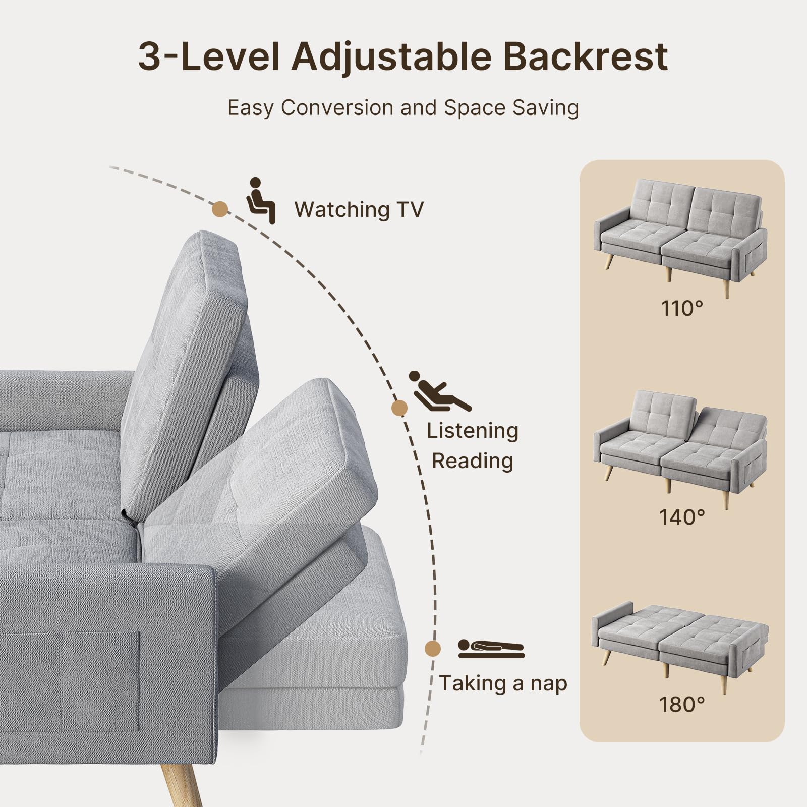 70.9" Sofa Bed with Adjustable Backrest and Removable Armrest