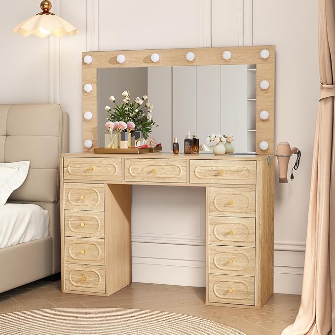 Fluted Vanity Desk with LED Mirror and 11 Drawers