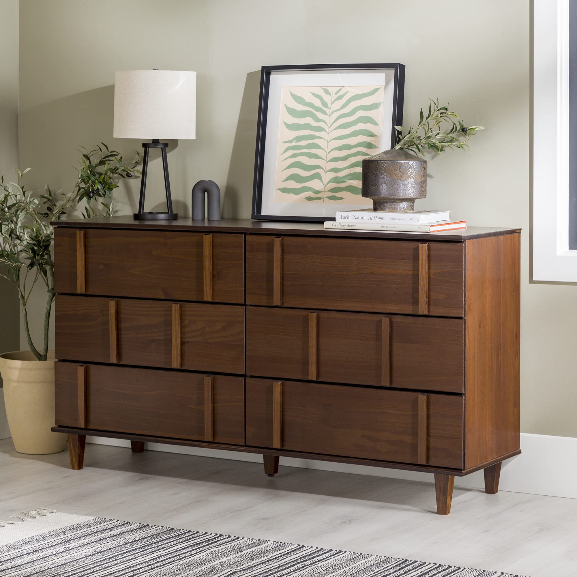 6-Drawer Solid Pine Wood Dresser 60 Inch Walnut