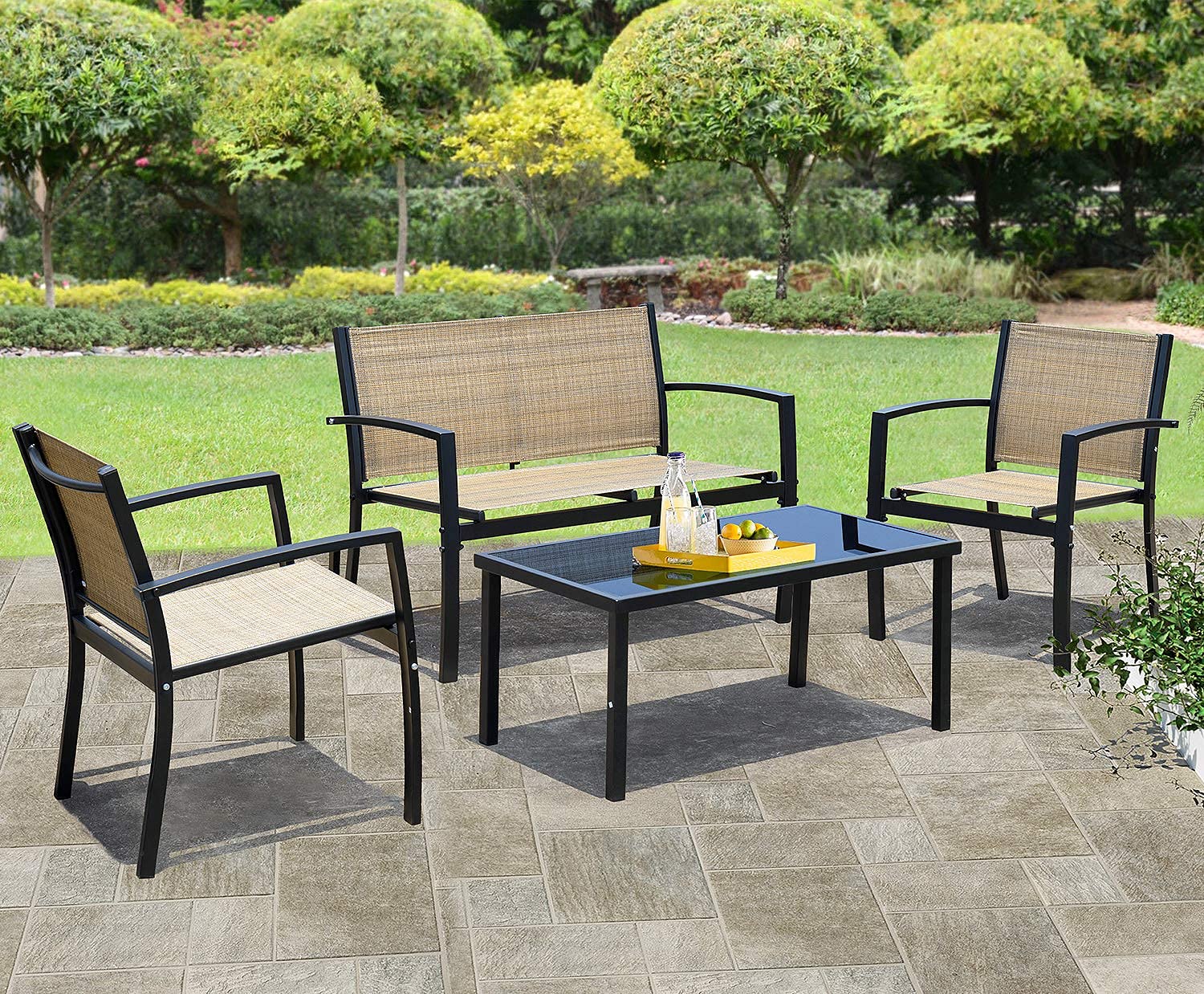 4-Piece Patio Furniture Set with Glass Coffee Table