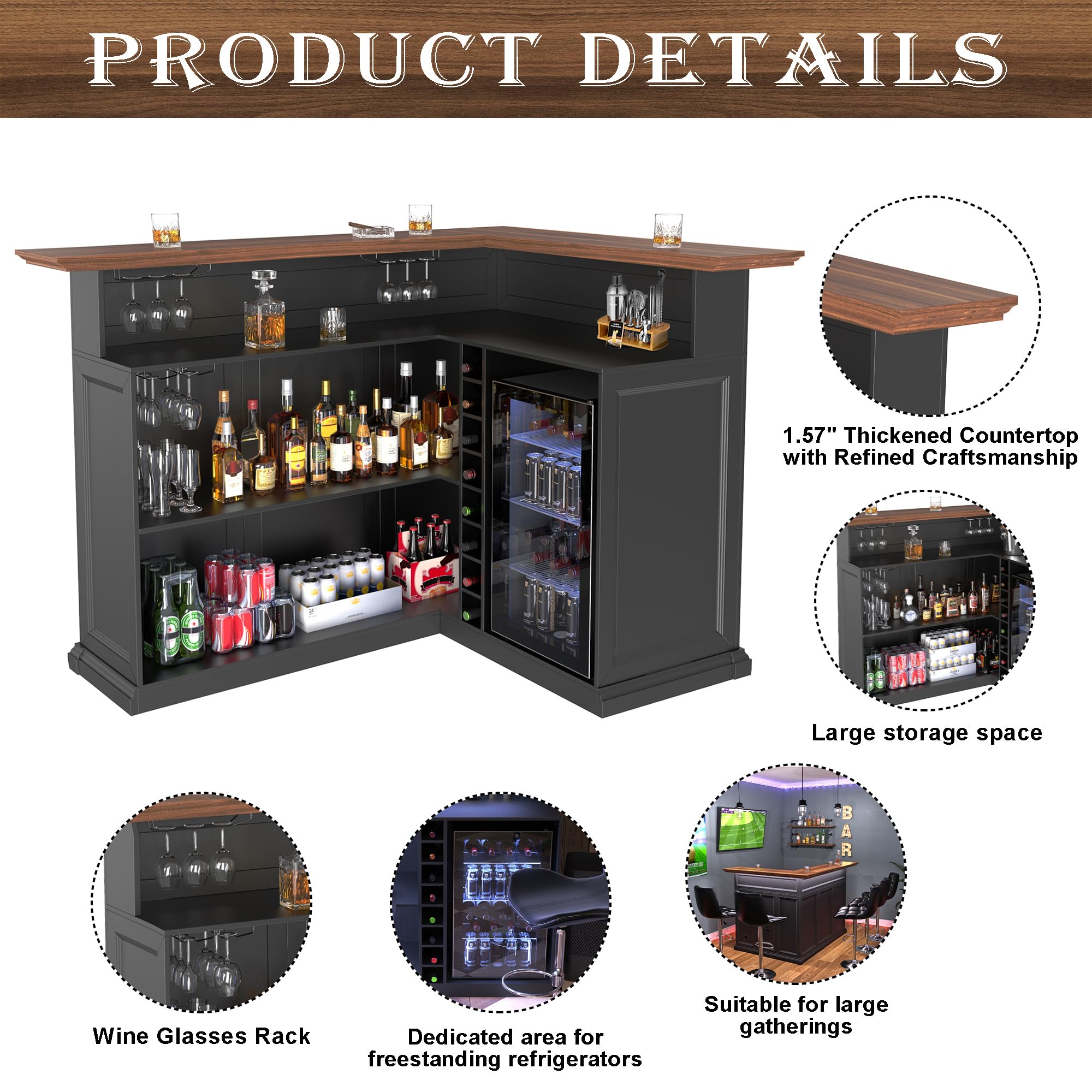 L-Shaped Home Bar Cabinet with Fridge Space