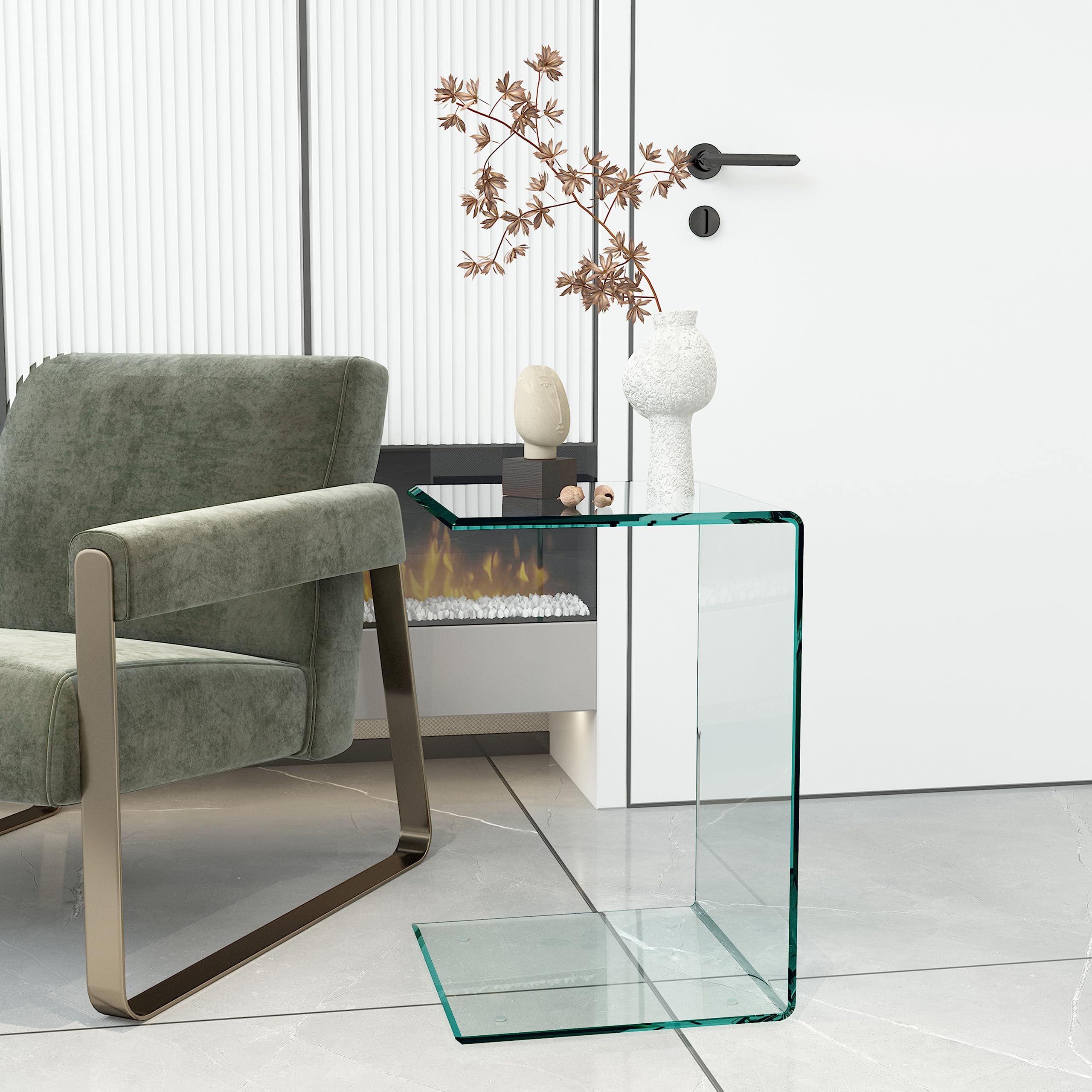 C-Shaped Glass End Table with Tempered Glass Top