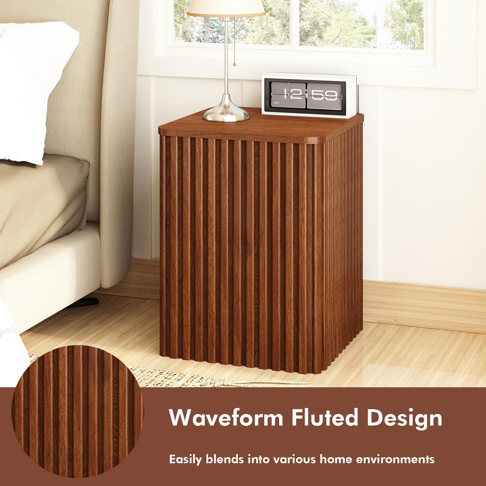 Set of 2 Fluted Side Table with Storage-Small Square End Table with Solid Wood Veneer Top, Accent Table Modern Farmhouse Pedestal Drink Table for Couch Sofa Living Room, Rustic Brown