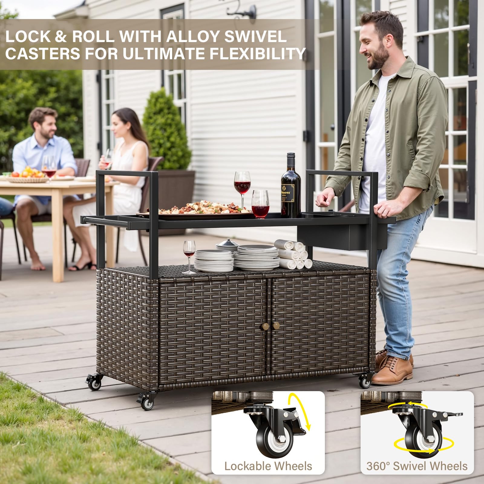 Wicker Outdoor Bar Cart with Storage Cabinet