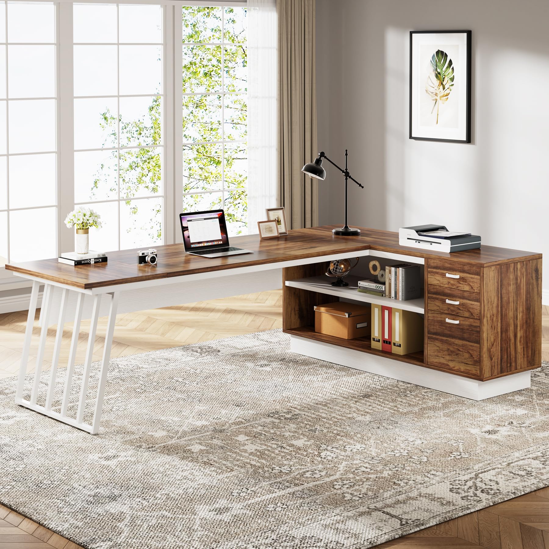 71-Inch L-Shaped Executive Desk with Cabinet and Storage