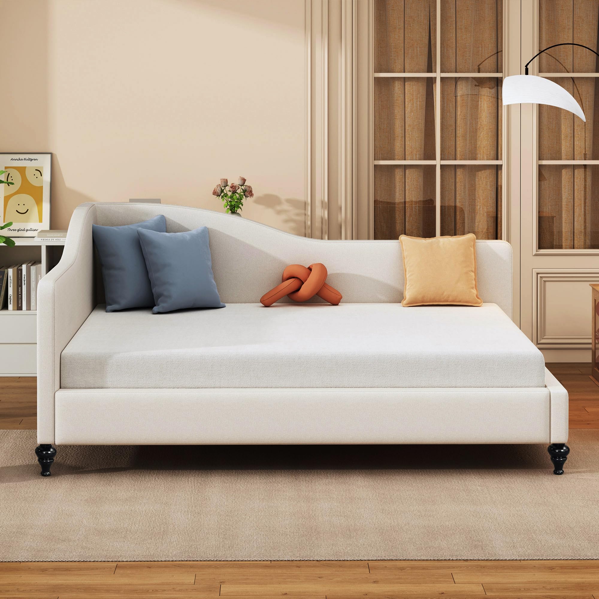 Full Size Linen Daybed with Wooden Legs