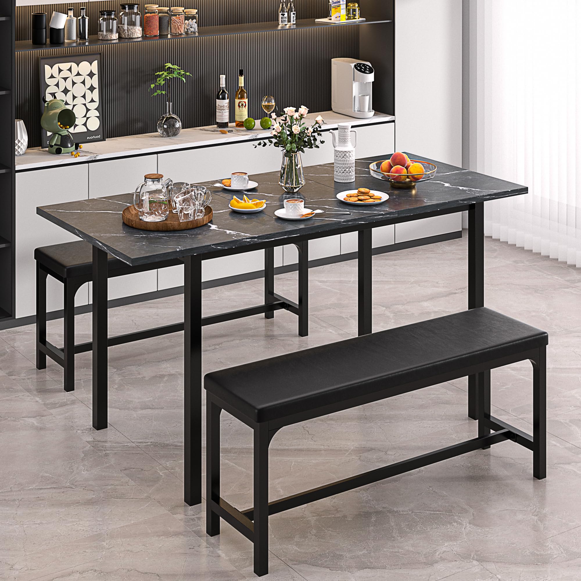63" Extendable Dining Table Set with Benches