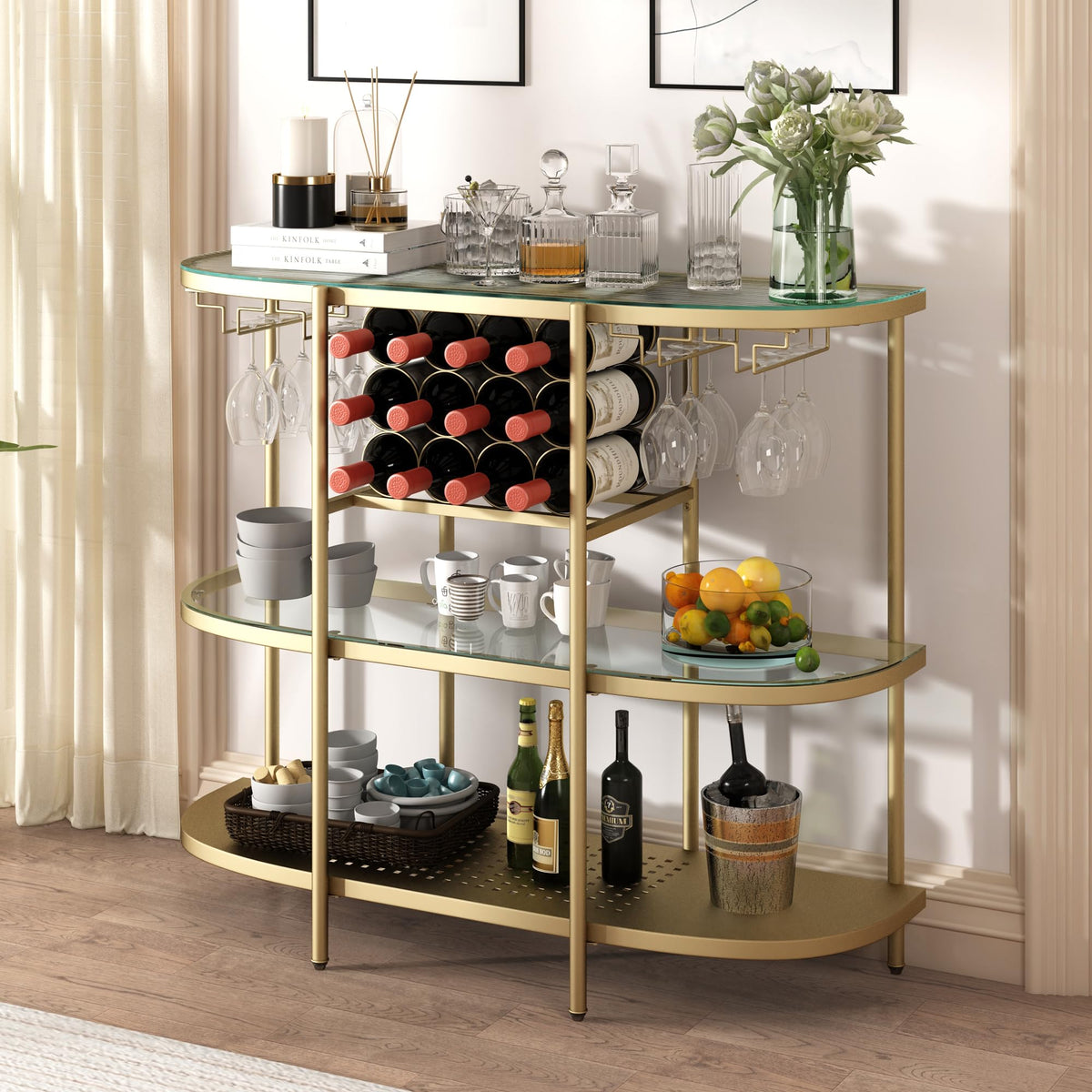 3 Tier Wine Bar Table with Glass Holders and Storage Shelf