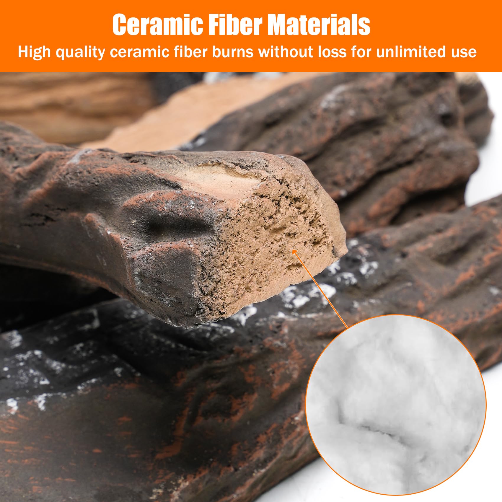 Large Ceramic Gas Fireplace Logs - 10 Piece Set