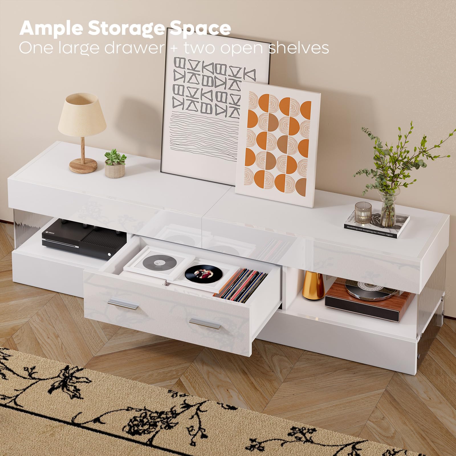 High Gloss TV Stand with LED and Stone-Patterned Panels