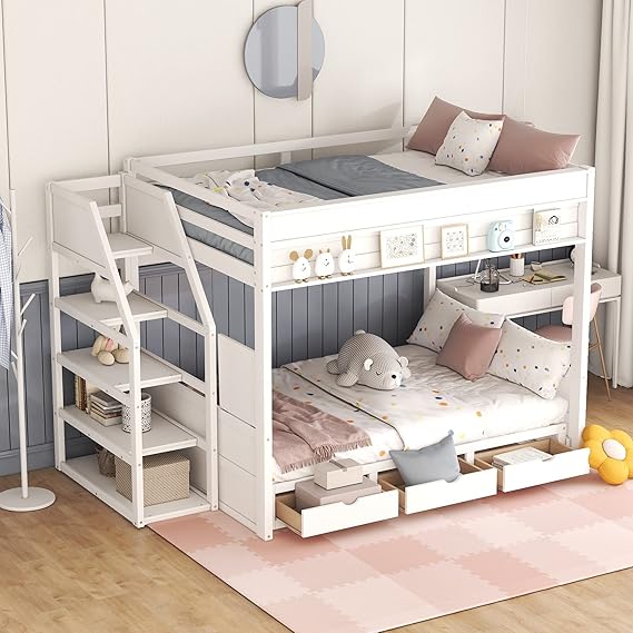 Full Over Full Bunk Bed with Stairs and Shelf