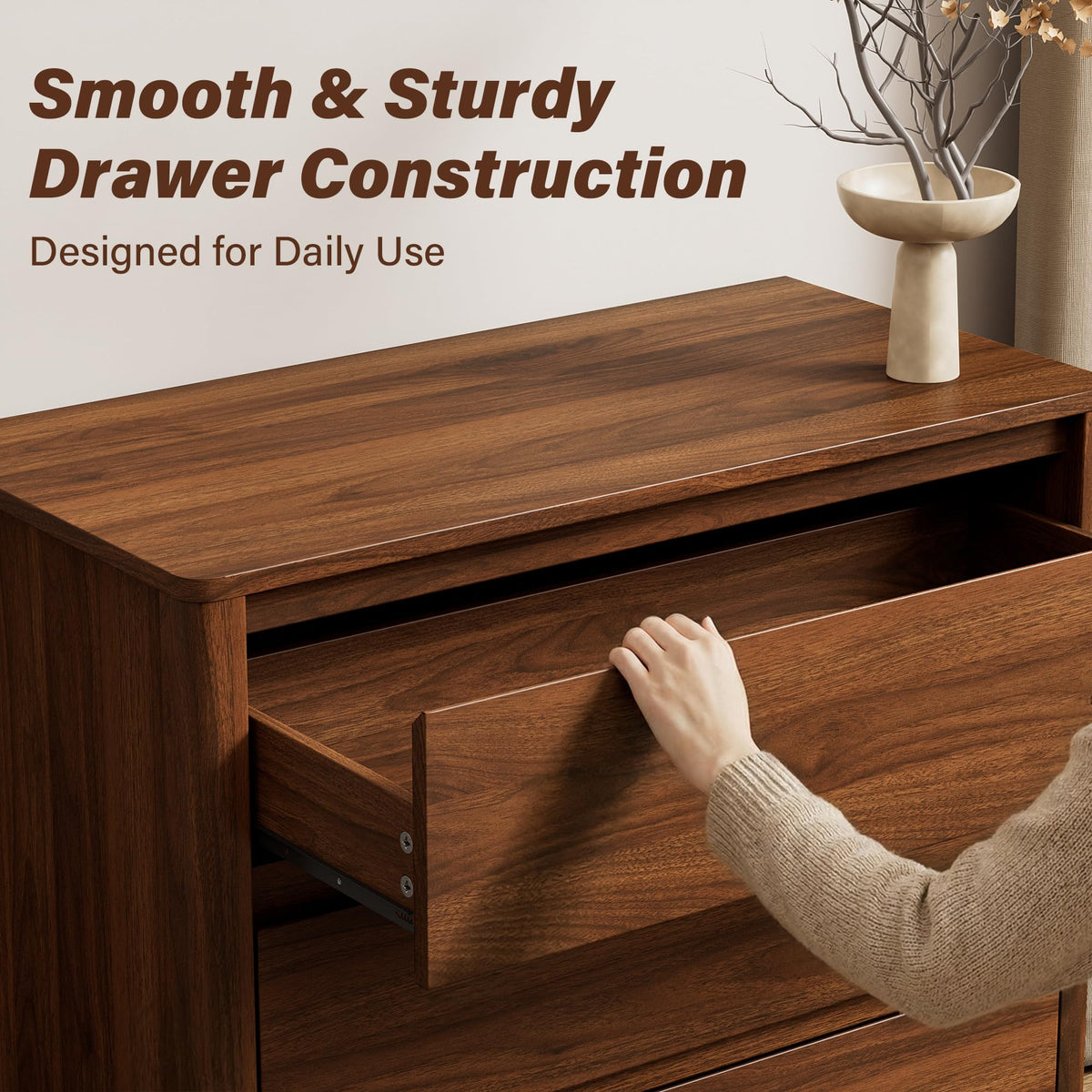 5-Drawer Tall Wood Dresser with Legs – Mid-Century Modern Walnut Chest of Drawers, 45.6"