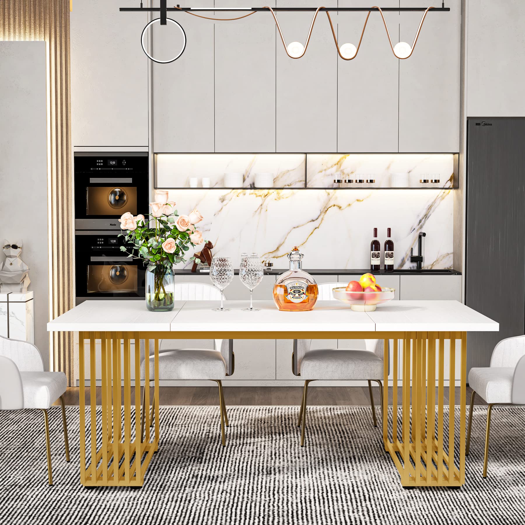 Modern Dining Table 70.8" White Gold Metal Legs