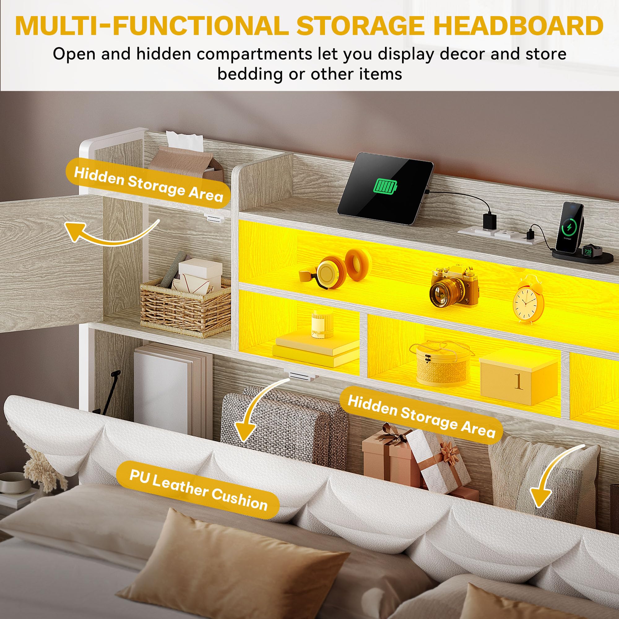 King Size Bed Frame with RGB LED Lights and Storage Headboard