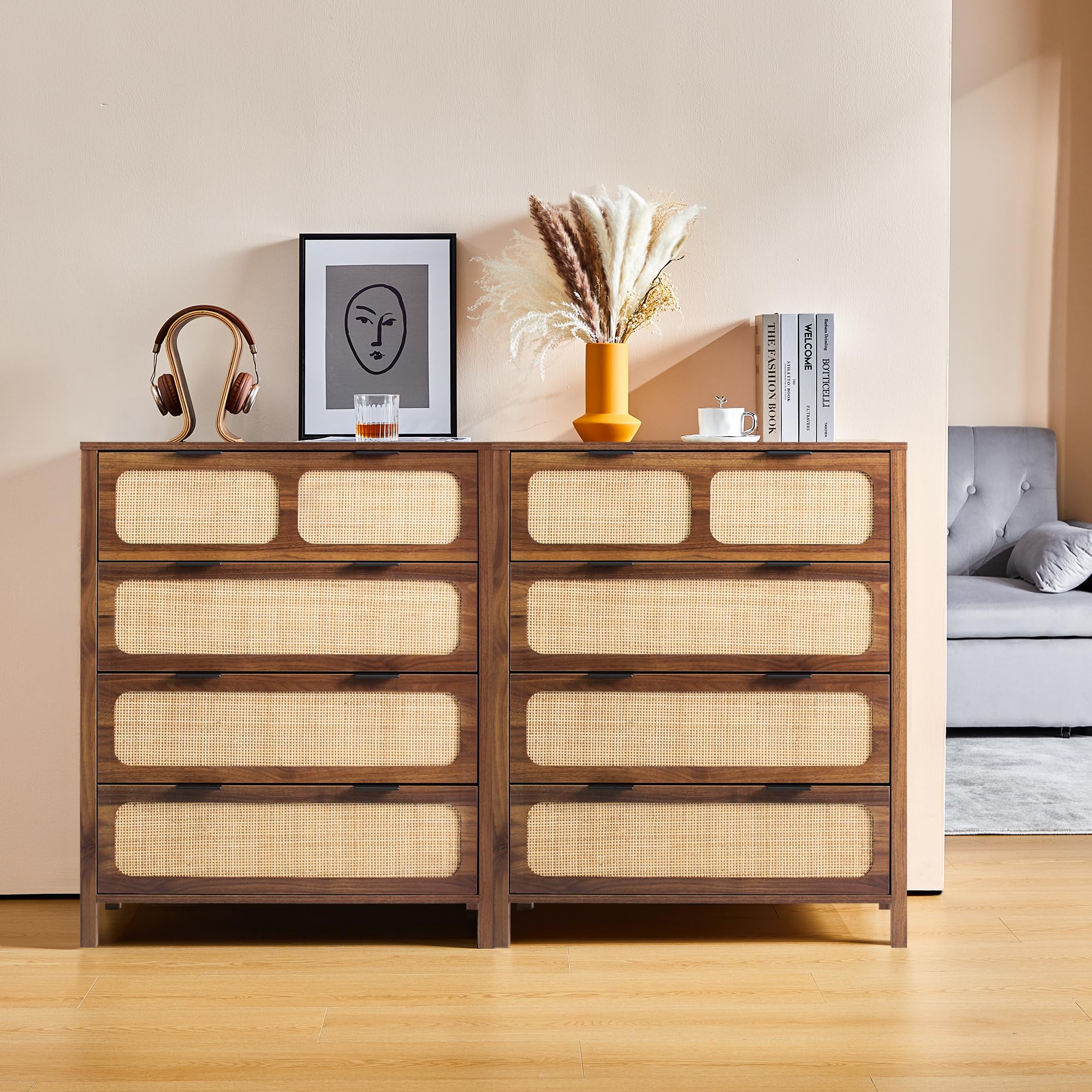 4 Drawer Rattan Dresser with Metal Handles