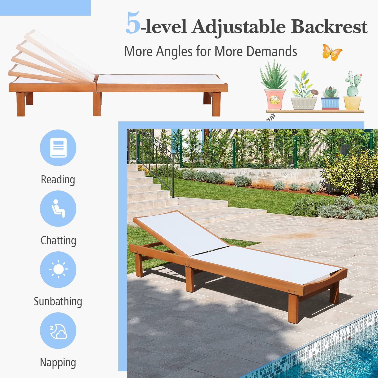 Set of 2 Patio Wood Chaise Lounge Chairs with 5-Position Adjustment