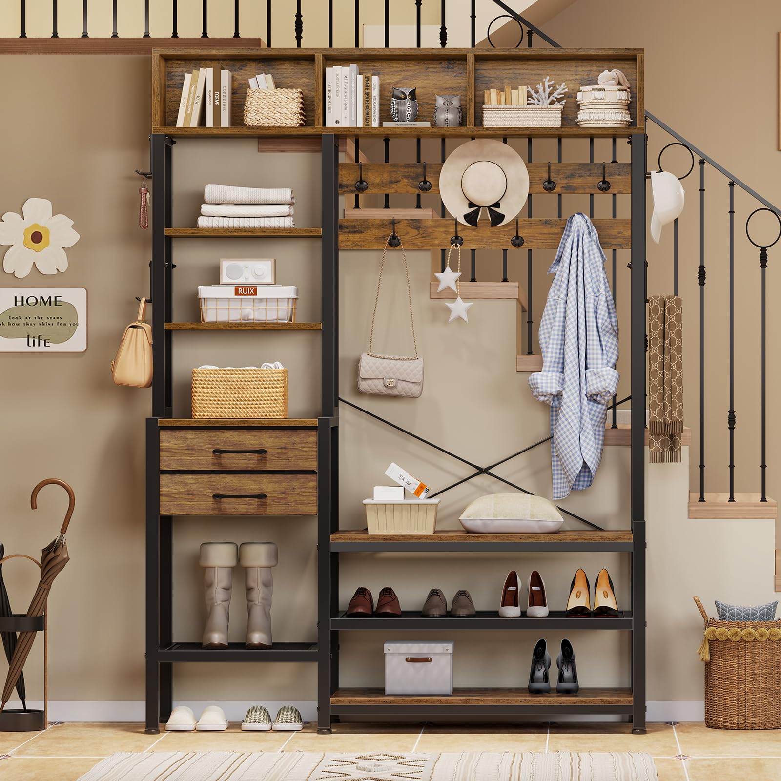 7-in-1 Hall Tree with Bench and Shoe Storage