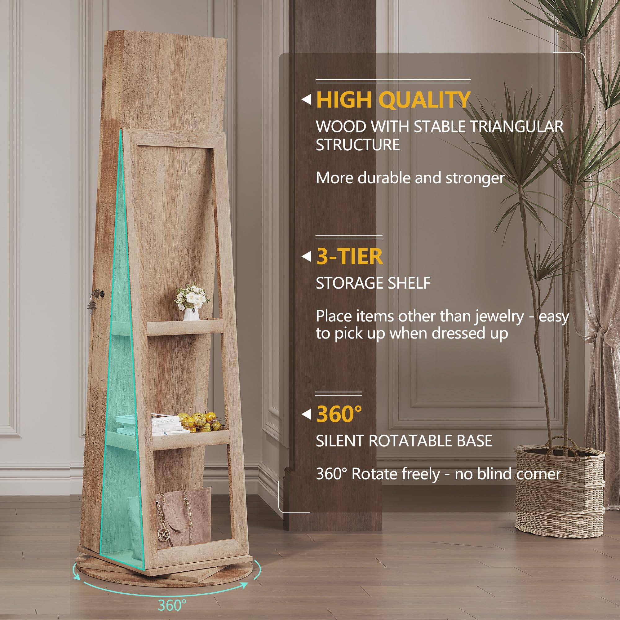 360° Rotating Full Length Mirror Jewelry Cabinet with LED Lighting