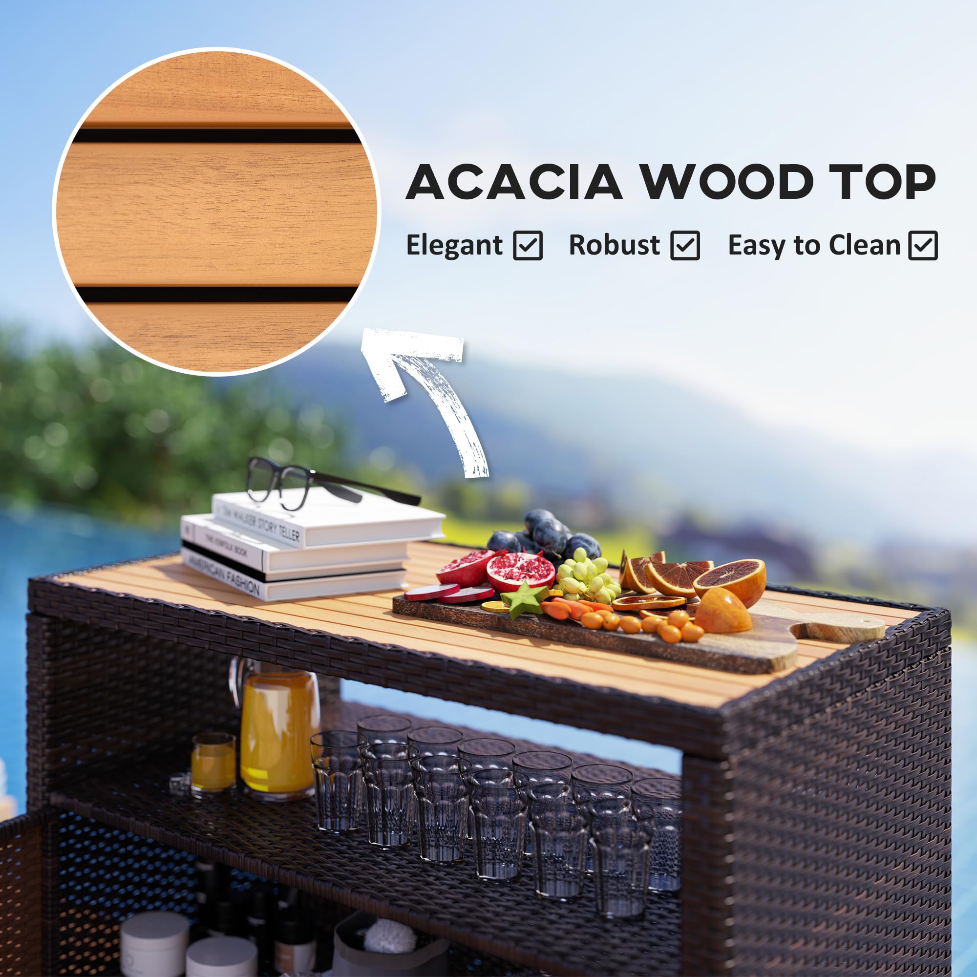 Wicker Outdoor Storage Cabinet with Acacia Wood Countertop