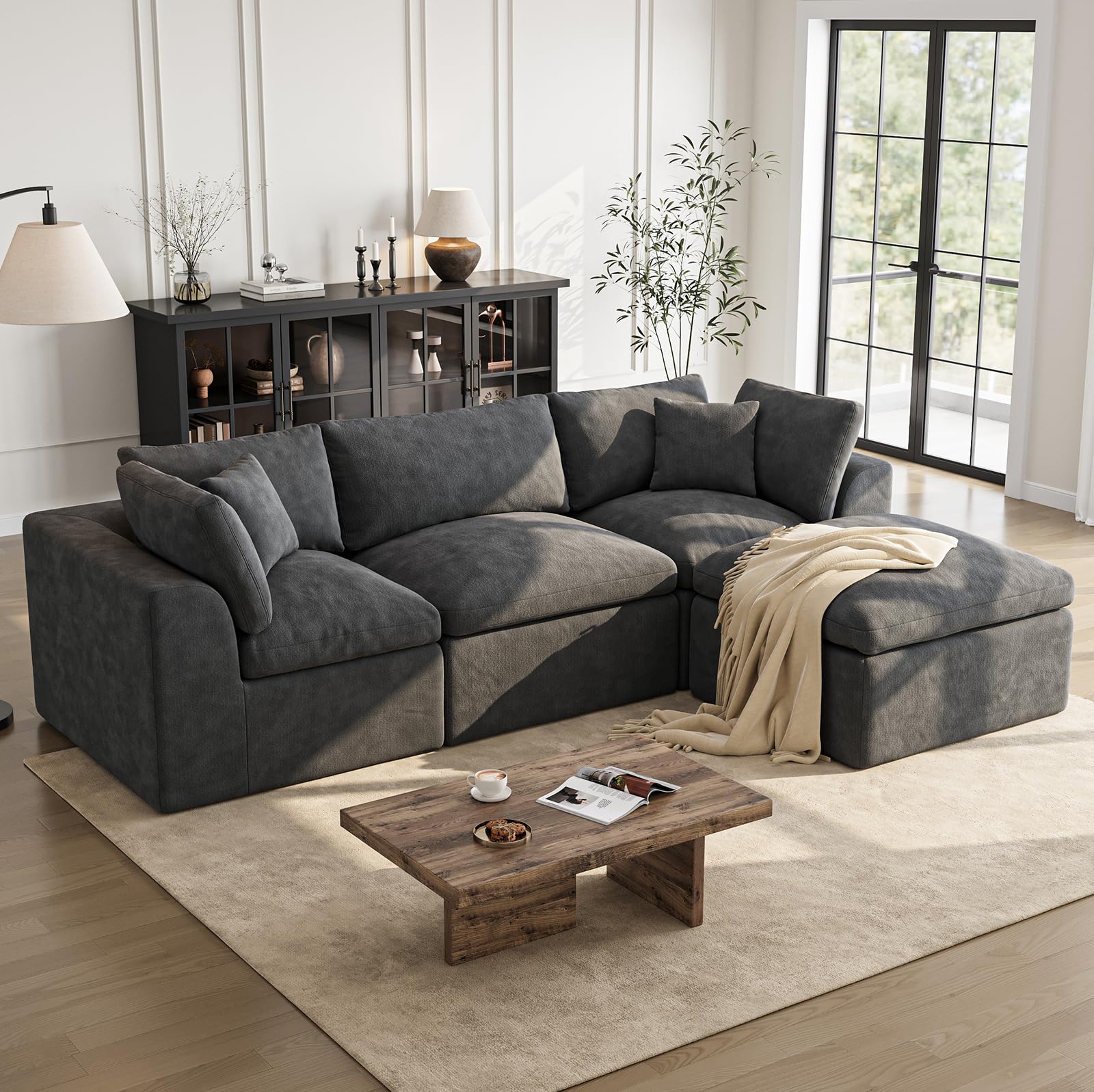 108 Inch L-Shaped Sectional Sofa with Ottoman