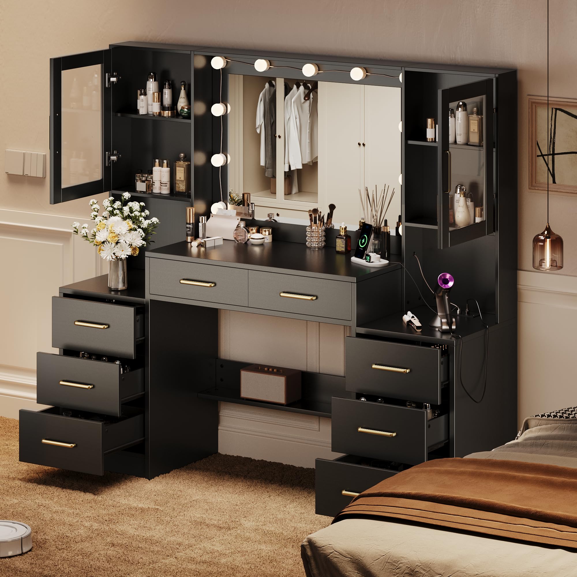 Large Black Vanity Desk with Mirror and Charging Station