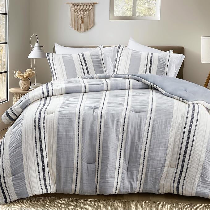 Farmhouse Comforter Set Full/Queen Ivory Striped Cotton 3-Piece