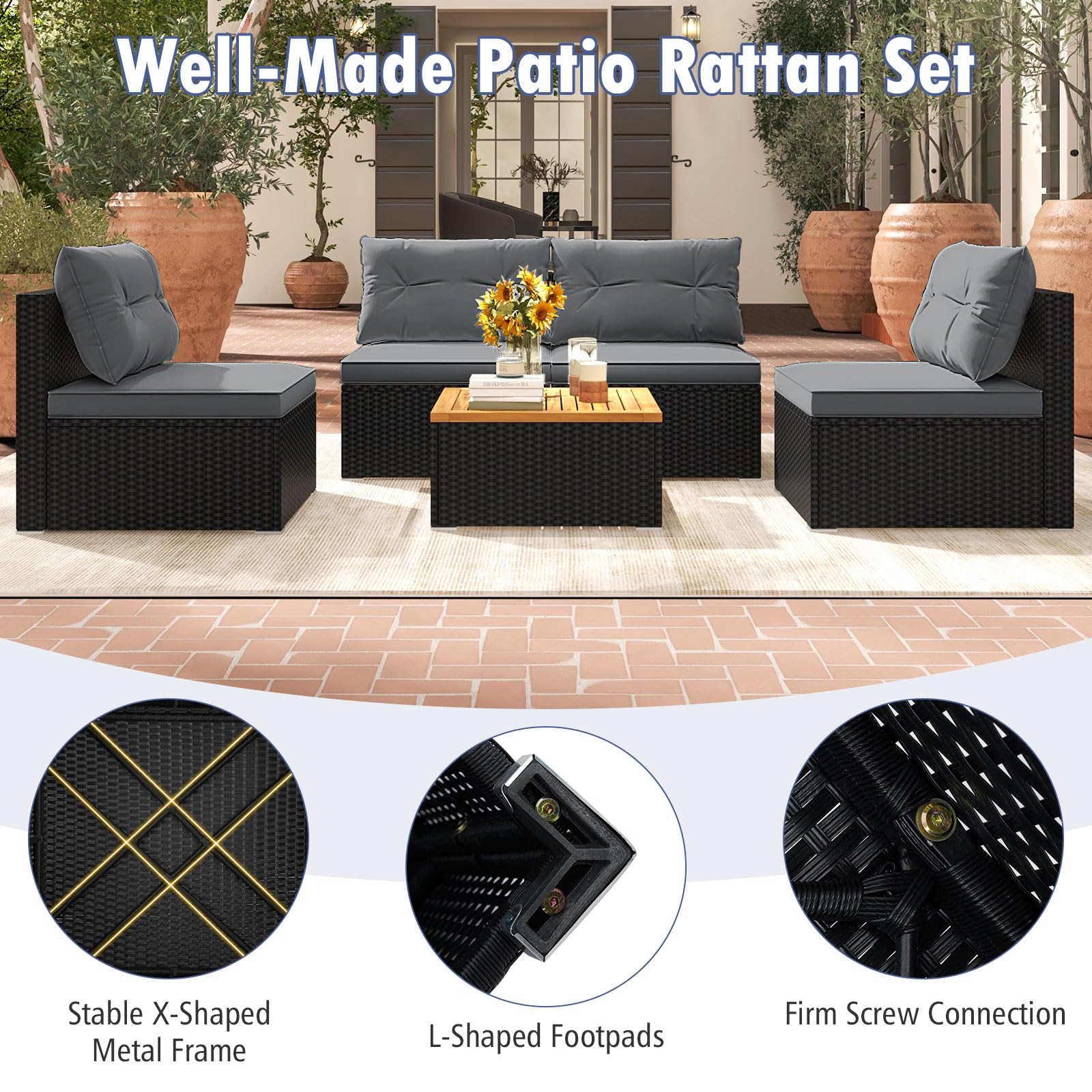 5-Piece PE Rattan Outdoor Sectional Set with Acacia Wood Coffee Table