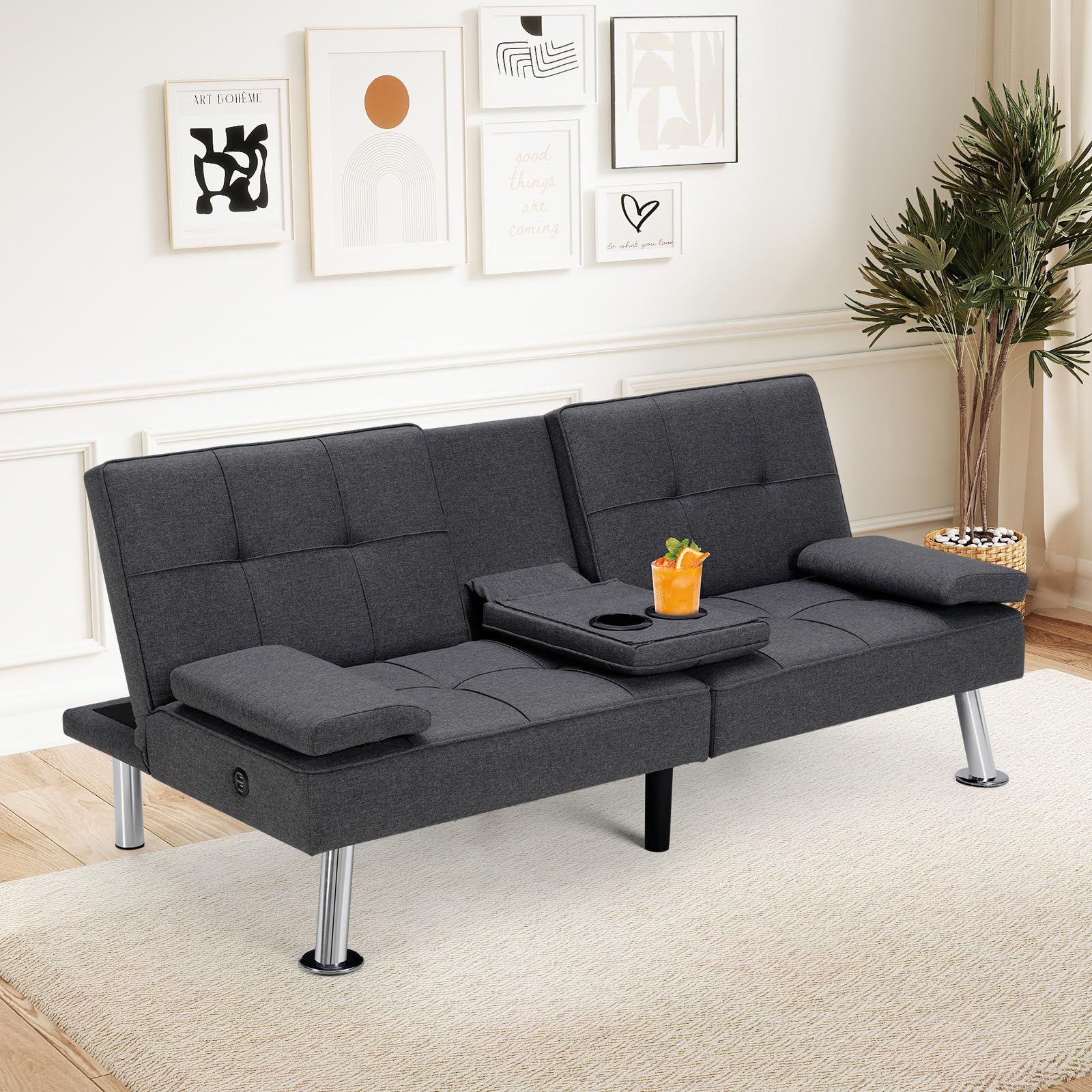 Futon Sofa Bed with Cup Holders and USB Charging Port