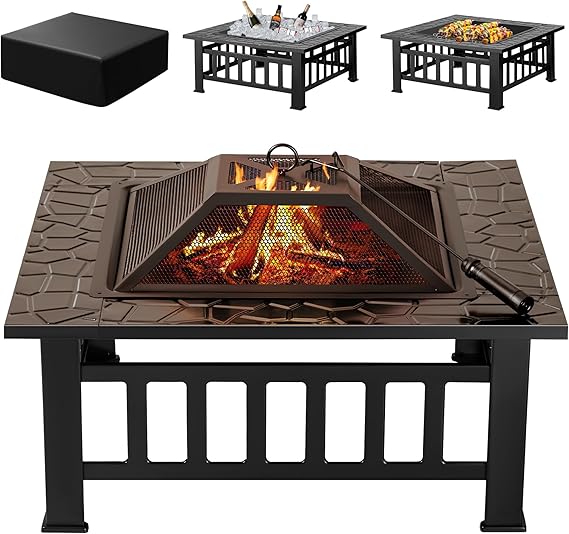 32 Inch Square Outdoor Fire Pit with Waterproof Cover