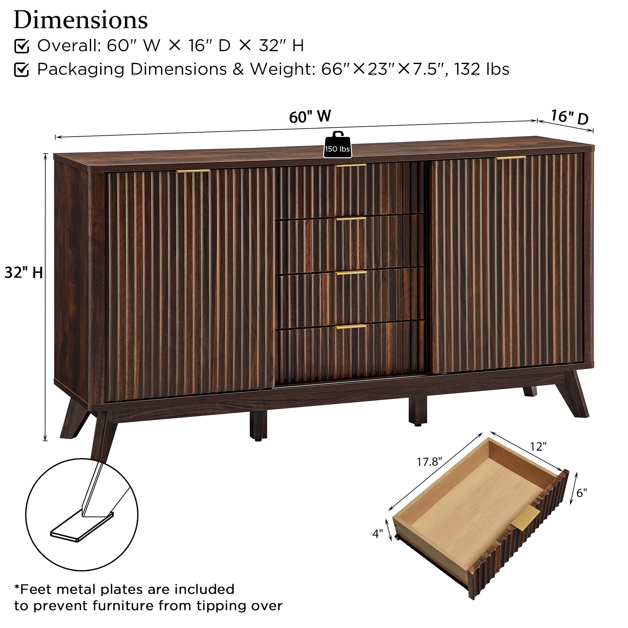 60" Fluted Dresser with Sliding Doors and 4 Drawers