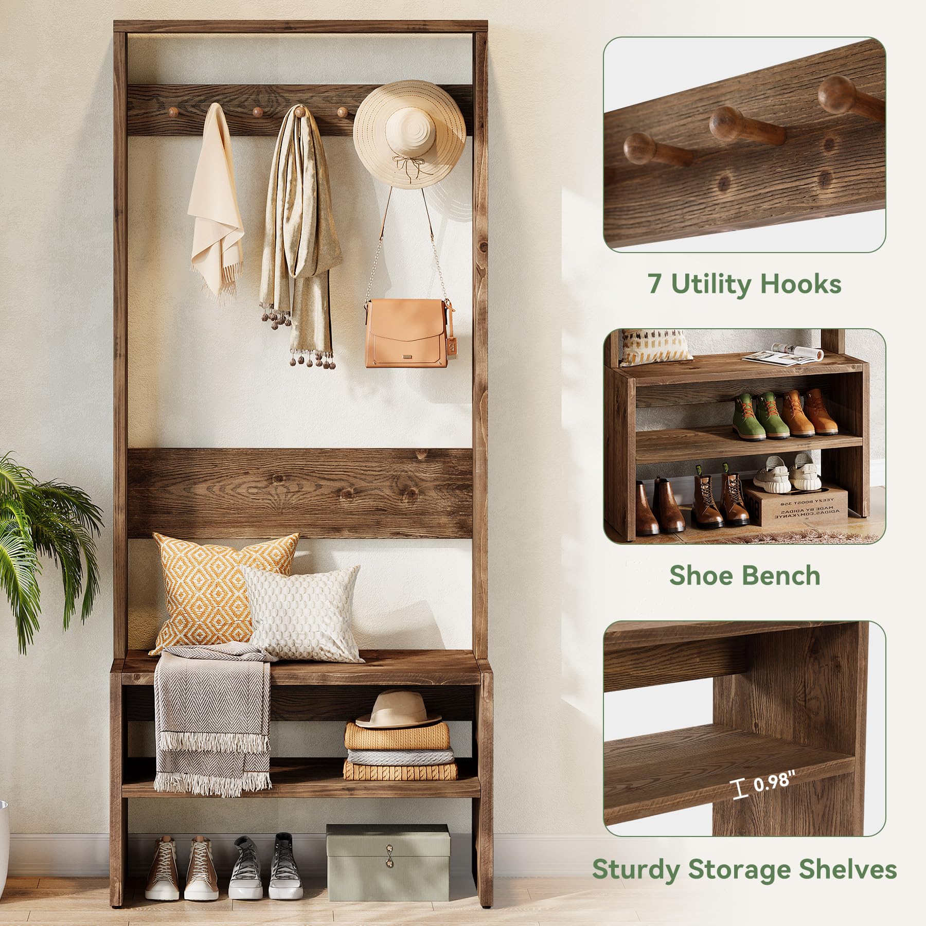 Hall Tree with Bench and Shoe Storage 70.8" Tall