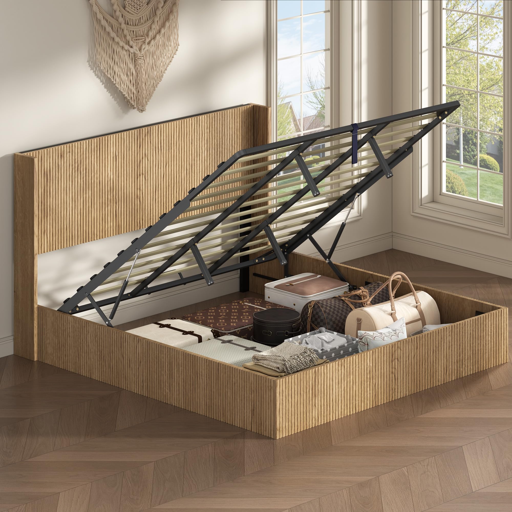 Queen Platform Bed Frame with Fluted Headboard and Lift-Up Storage