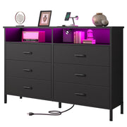 Fabric Dresser with LED Lights and Charging Station - 6 Drawer Storage Organizer
