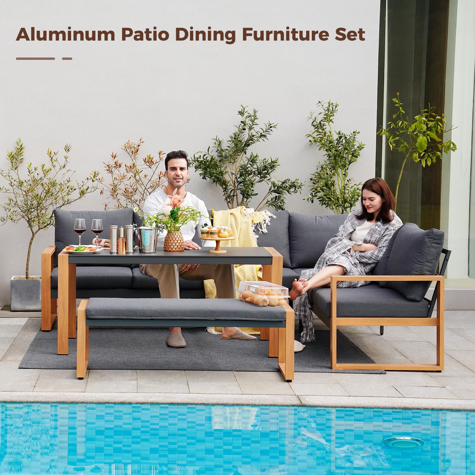 Aluminum L-Shaped Outdoor Sectional Sofa with Dining Table and Bench