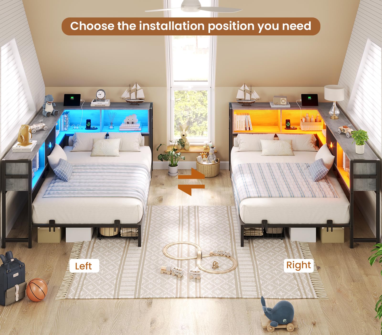 Corner Bed Frame Twin XL with Storage and LED Lights